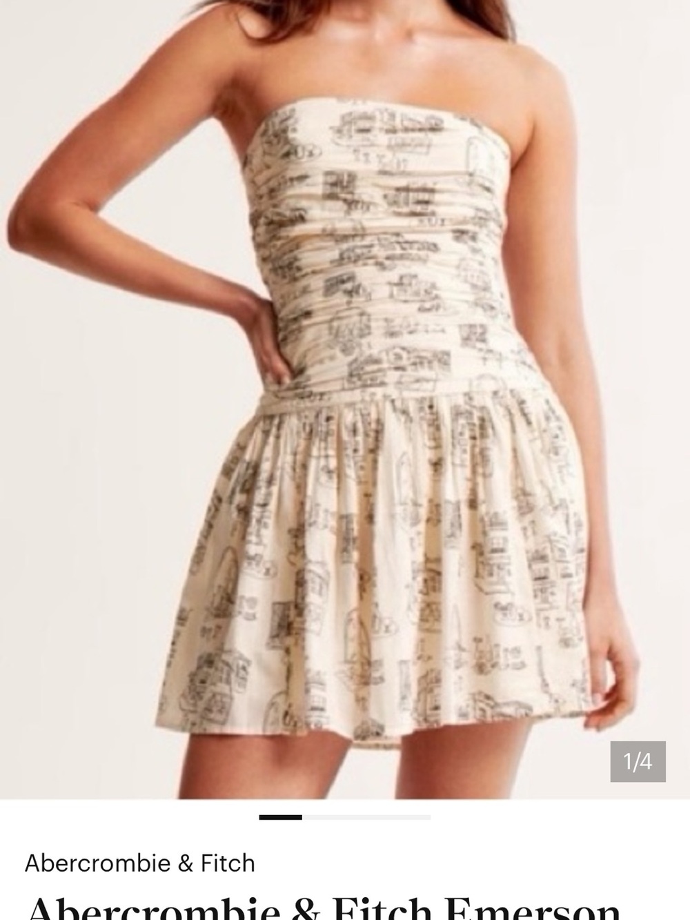 Abercrombie Cream Strapless Skater Dress with Black Sketch Print - Picture 3 of 3